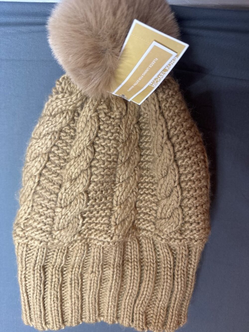 Women Michael Kors Cable Knit Beanie Faux Fur Pom Pom Hat Camel Tan NWT OS